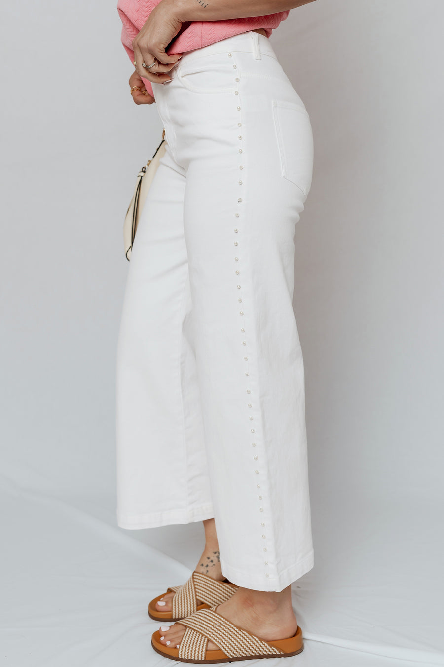 Pearl Embellished Wide Leg Ankle Length Jeans Women UK