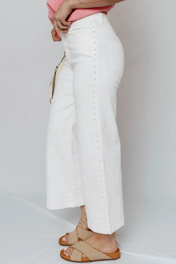 Pearl Embellished Wide Leg Jeans Women UK — side view showing wide leg silhouette and pearl trim detail — Fashionfitz