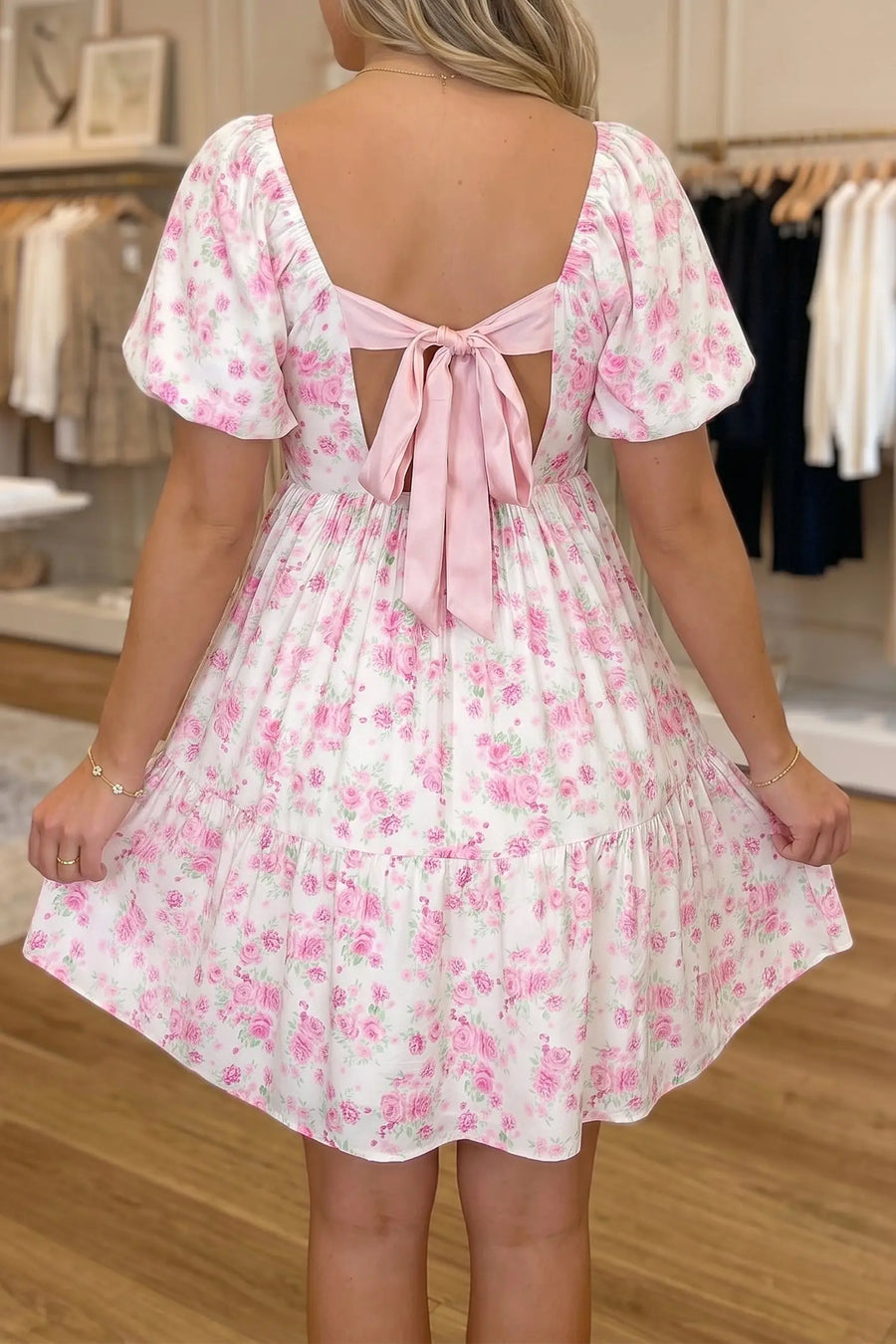 Pink Floral Square Neck Ribbon Knot Back Mini Dress Women UK