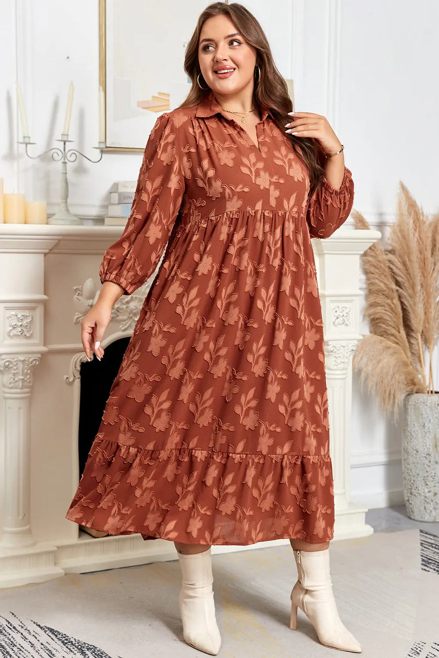 Cinnamon Plus Size 3D Flower Ruffle Hem 3/4 Sleeve Long Dress Women UK