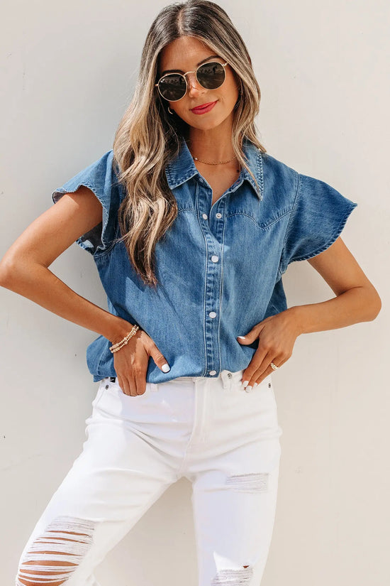 Dusk blue ruffled short sleeve denim shirt button down collar stitched yoke shirts