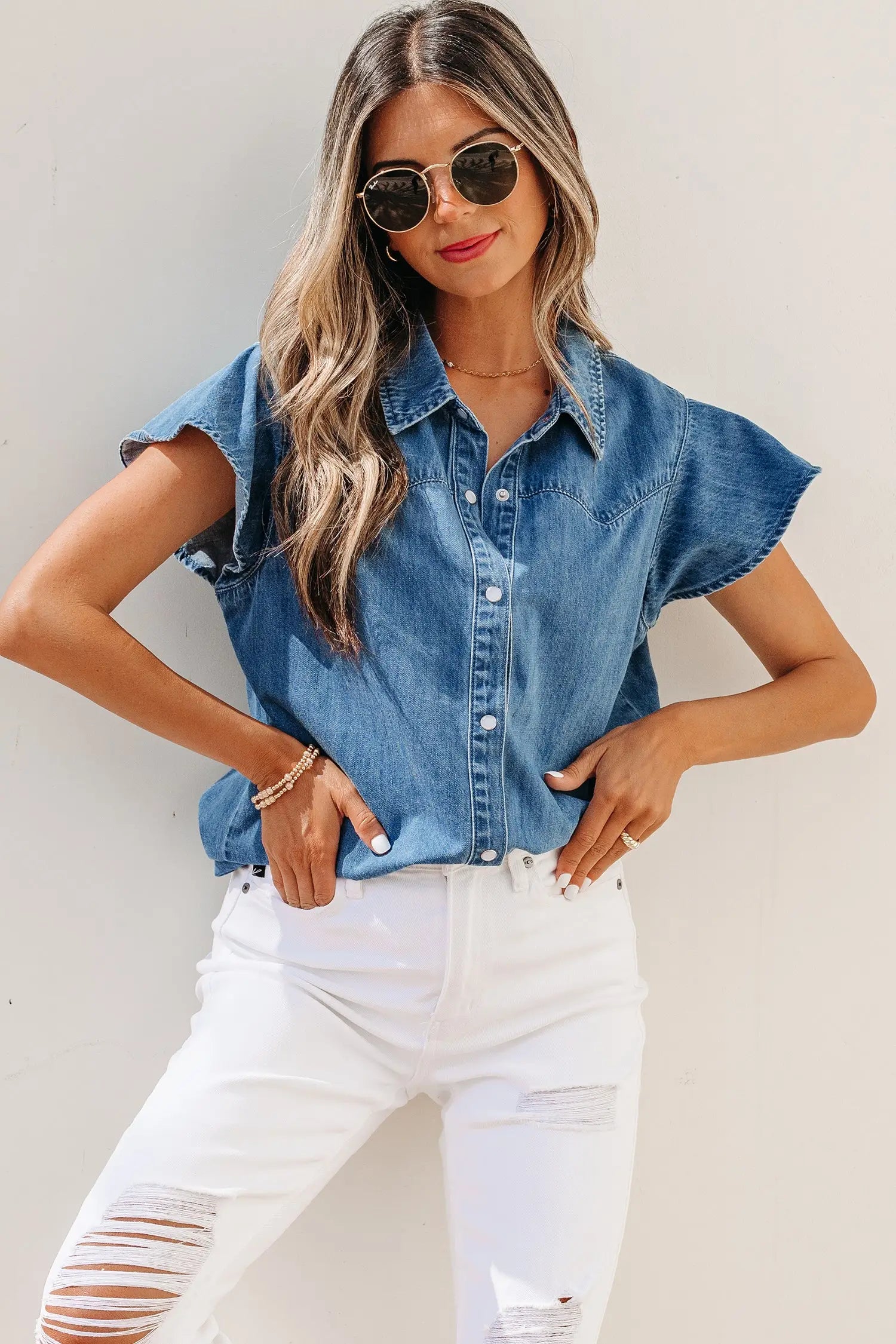 Dusk blue ruffled short sleeve denim shirt button down collar stitched yoke shirts