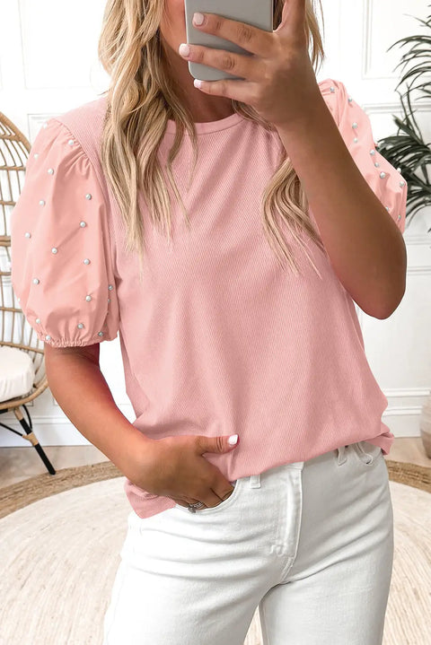Ribbed pearl beaded puff sleeve top front view — Fashionfitz UK