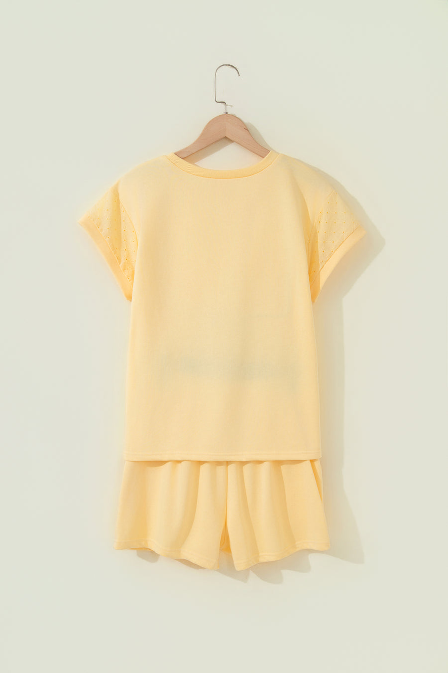 Yellow  Eyelet Lace Patchwork Sleeve Short 2pcs Outfit
