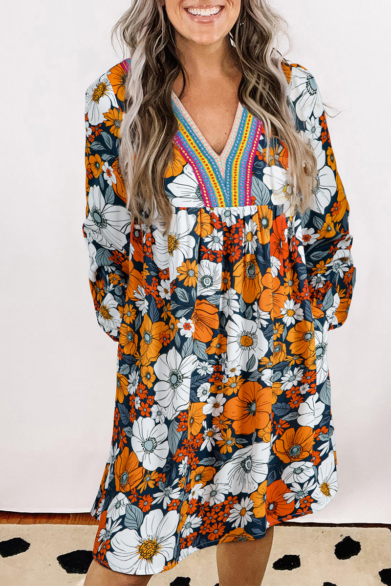 Orange Floral Lace V Neck Long Sleeve Mini Dress Women UK