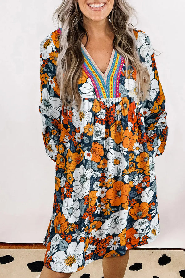 Orange Floral Lace V Neck Long Sleeve Mini Dress Women UK