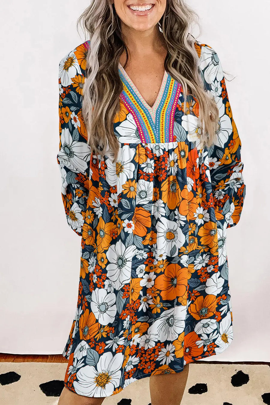 Orange Floral Lace V Neck Long Sleeve Mini Dress Women UK