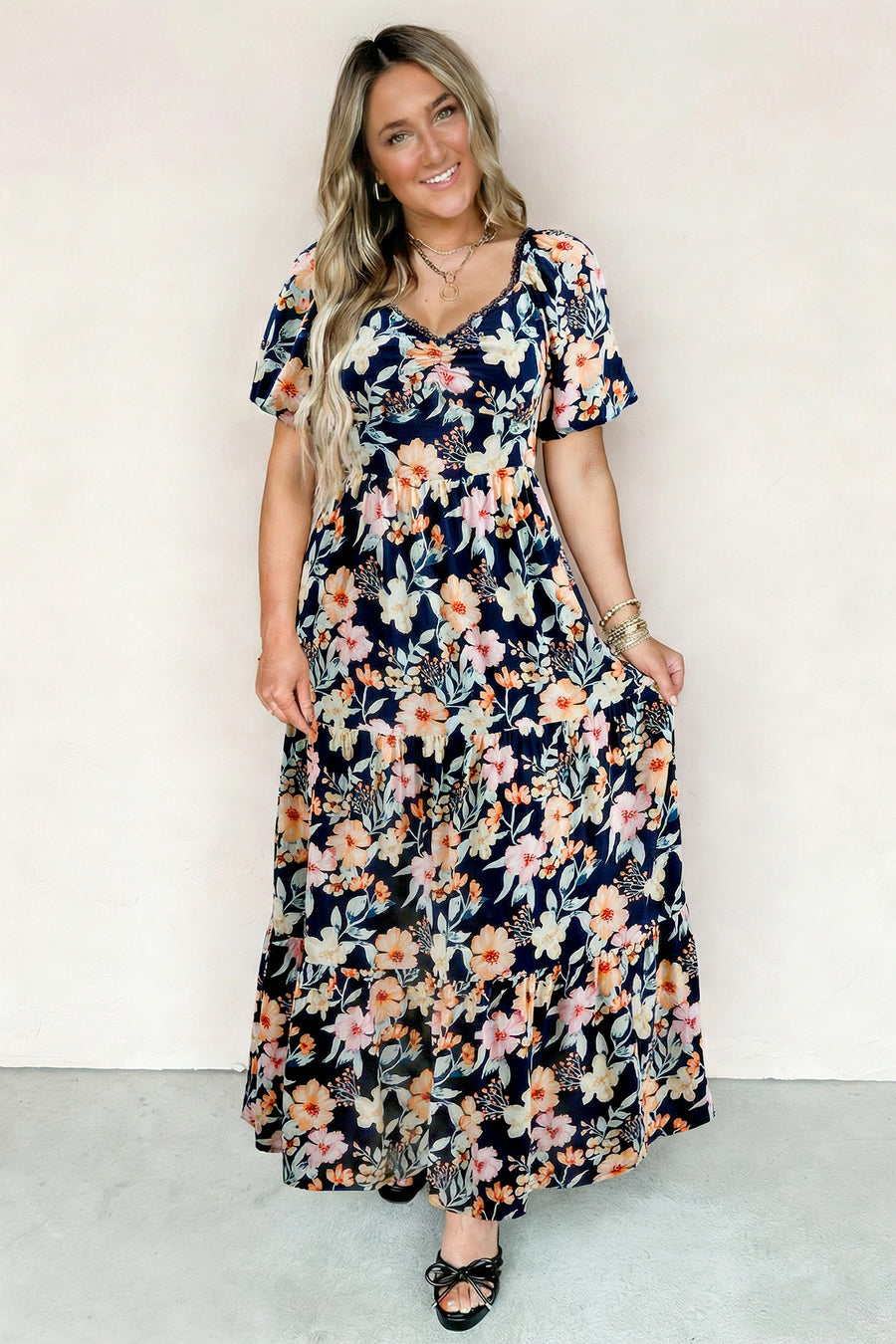 Blue Floral Short Sleeve Smocked High Waist Maxi Dress Women UK — model shot