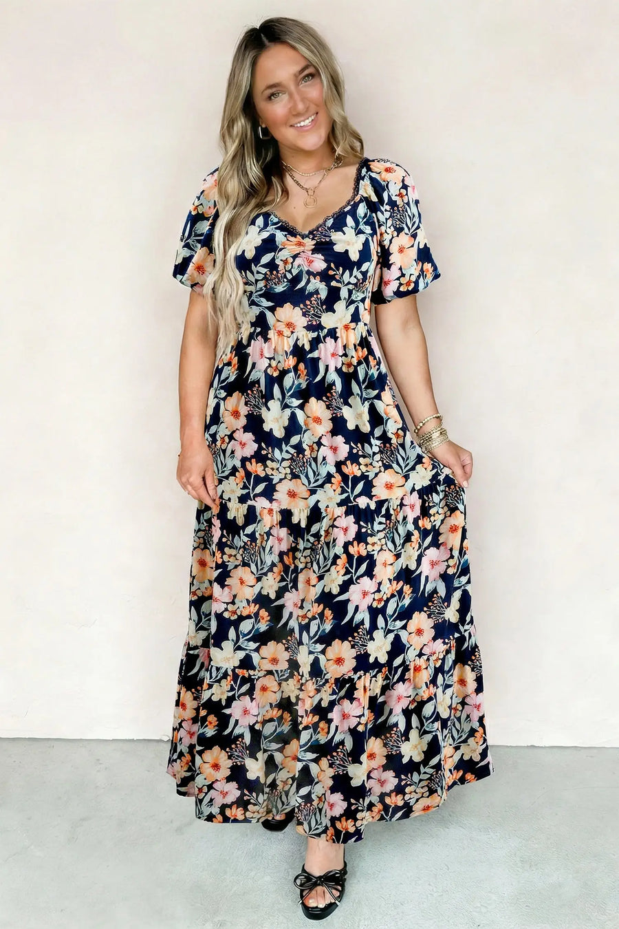 Blue Floral Short Sleeve Smocked High Waist Maxi Dress Women UK — model shot