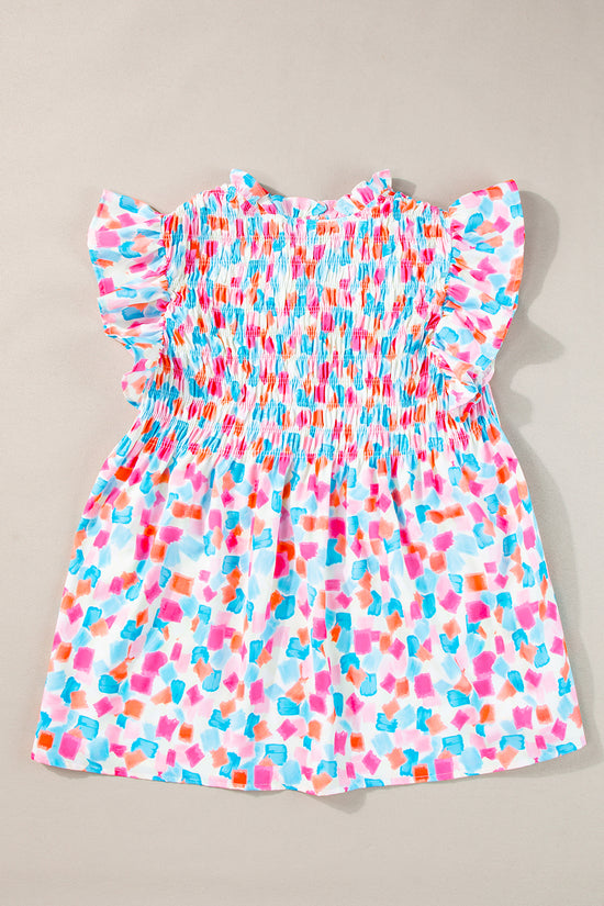 Shirred  Blouse - Ruffled Abstract Print