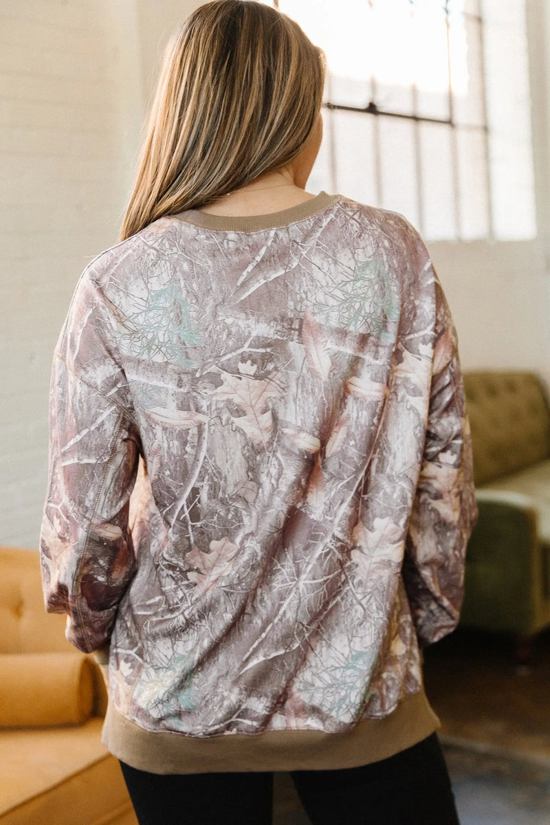 Brown abstract camo colourblock baggy sweatshirt back view — Fashionfitz UK