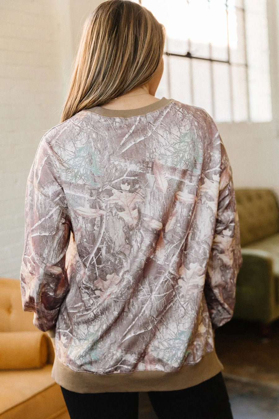 Brown abstract camo colourblock baggy sweatshirt back view — Fashionfitz UK