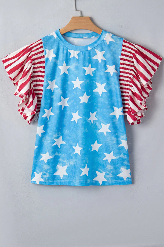 Sky blue vintage star print striped ruffle sleeve top blouses