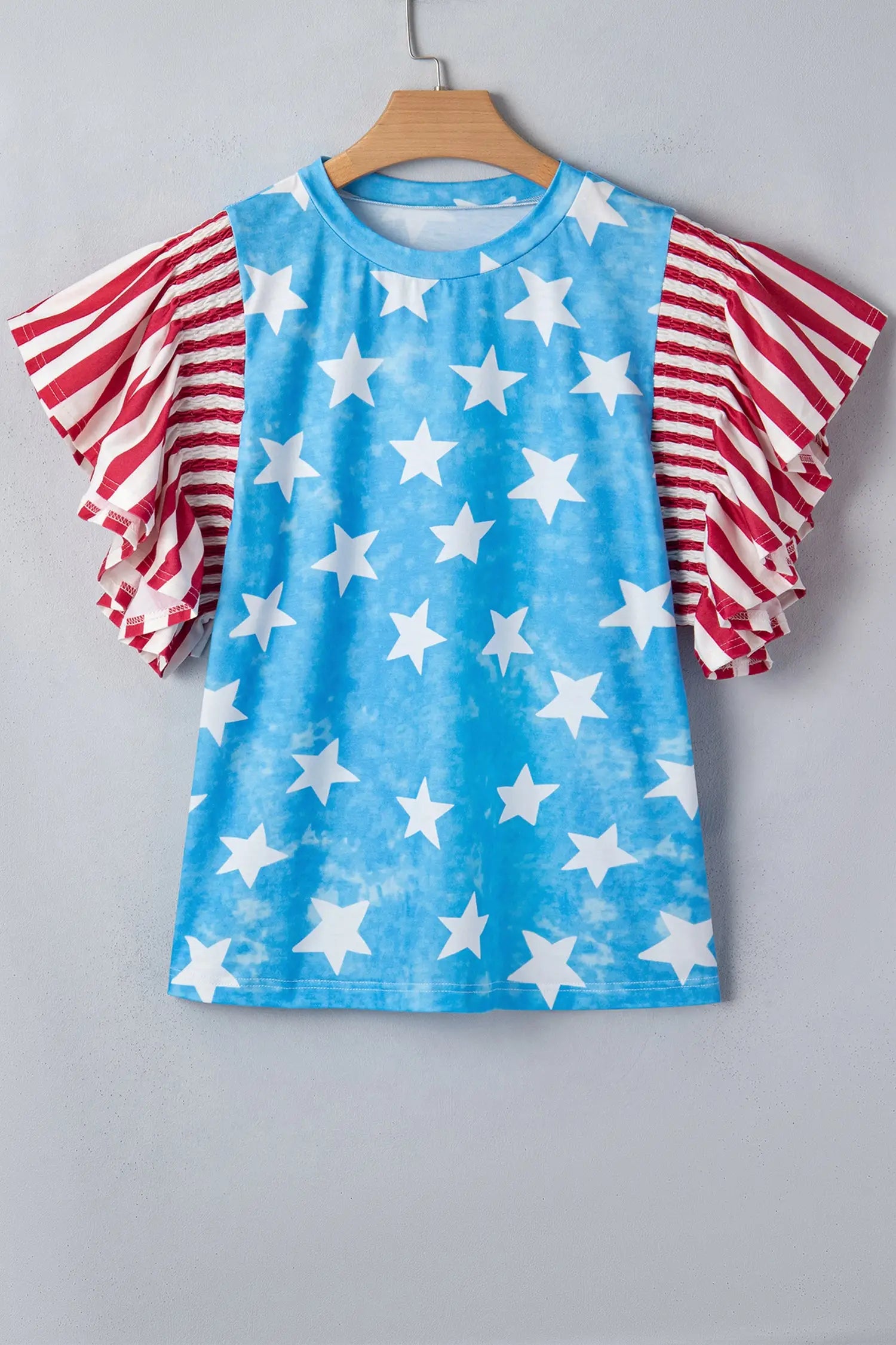 Sky blue vintage star print striped ruffle sleeve top blouses