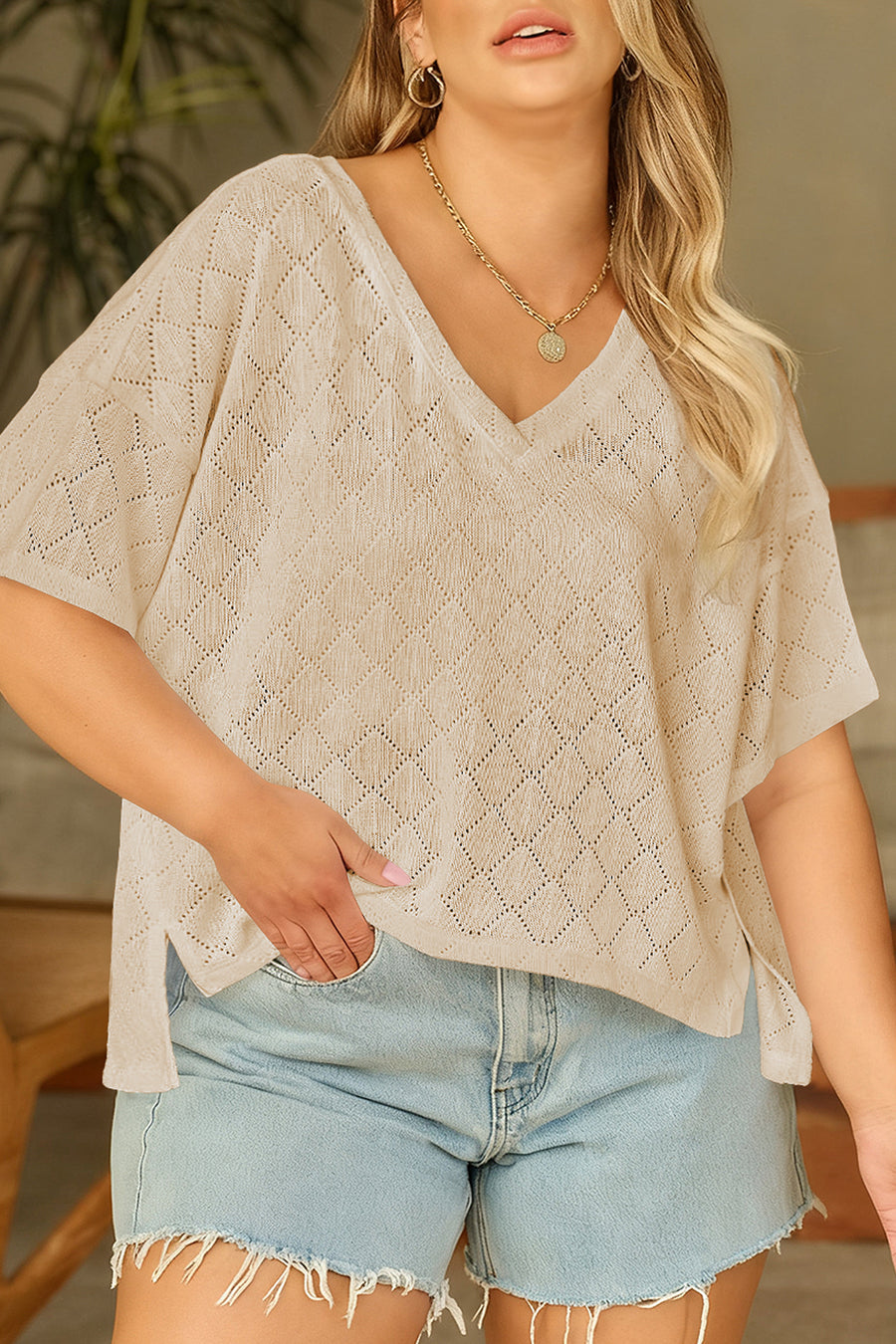 Pointelle Rhombus Knit V Neck Loose Plus Size Top Women UK