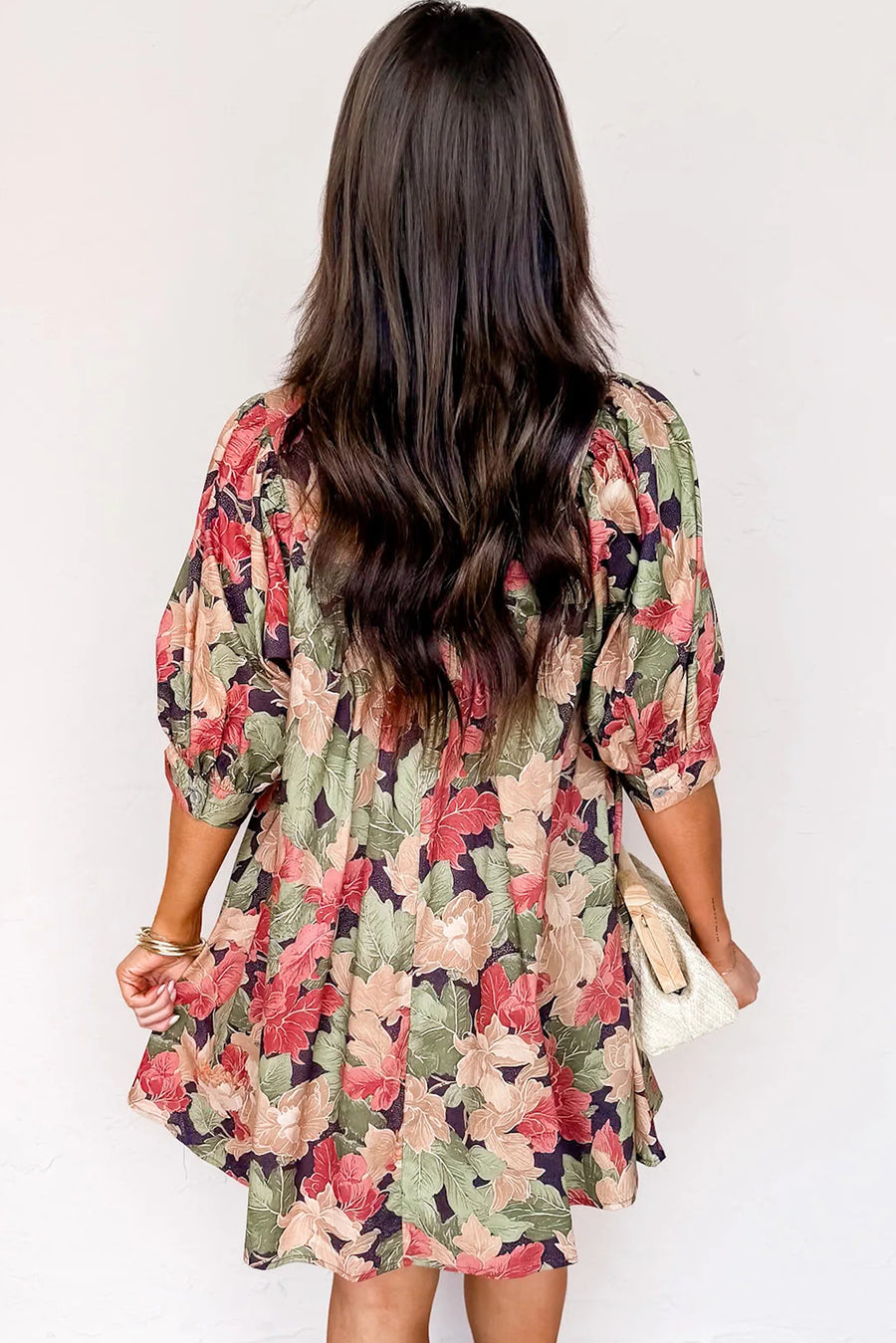 Green Floral Frilled Collar V Neck Half Sleeve Mini Dress Women UK — side detail
