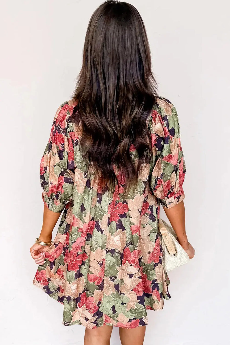 Green Floral Frilled Collar V Neck Half Sleeve Mini Dress Women UK — side detail