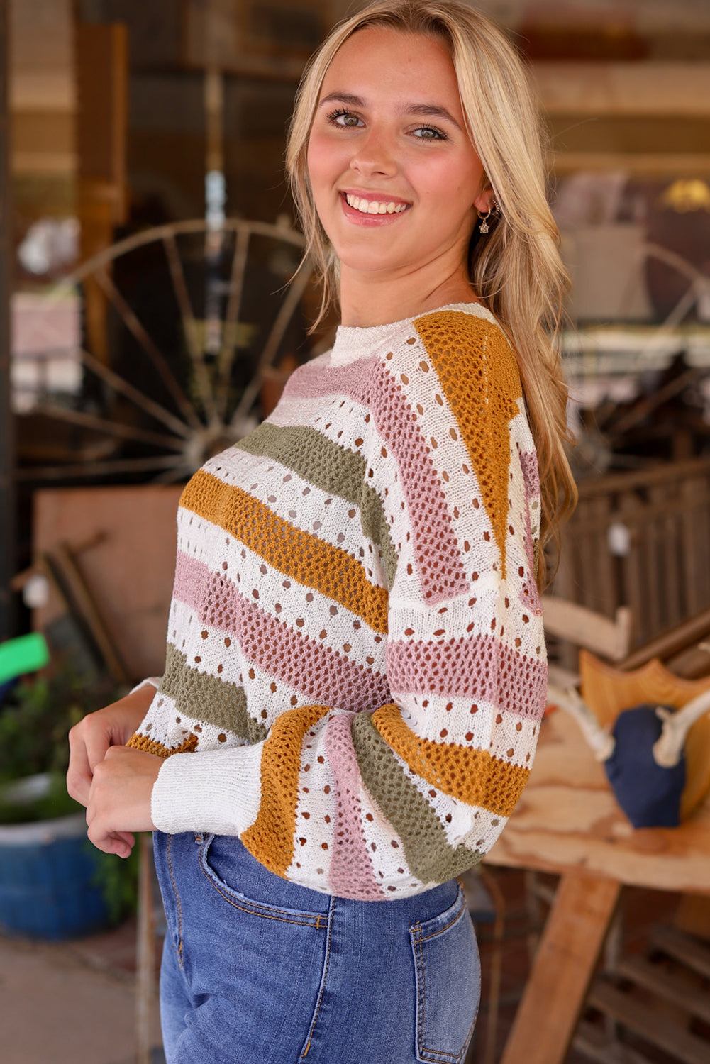 Knitted Loose Sweater - Striped Hollowed