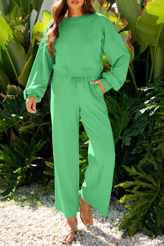 Front view of green Drop Crop Wide-Leg Pants Set with drawstring waist and long sleeves, ideal for autumn casual wear.