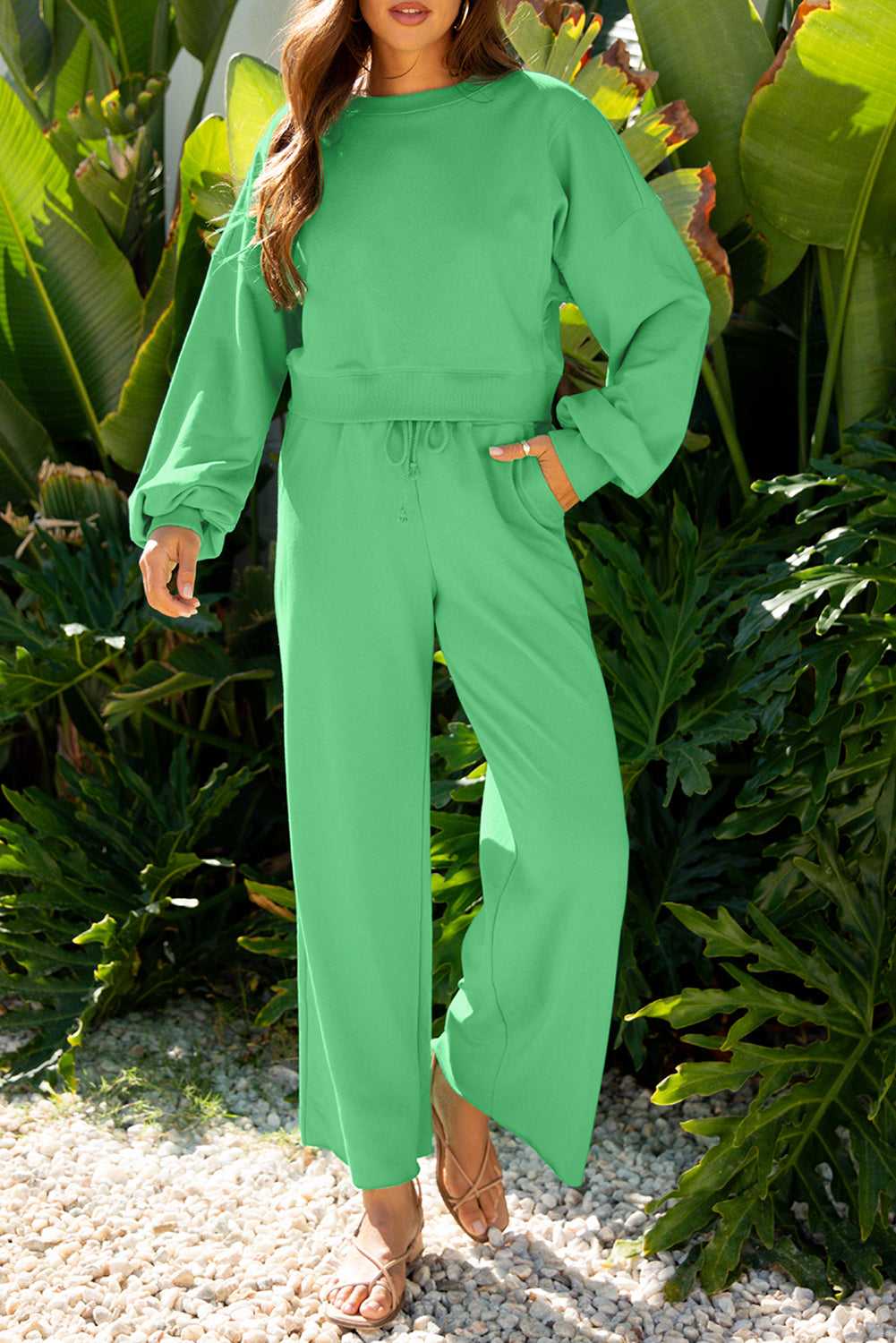 Front view of green Drop Crop Wide-Leg Pants Set with drawstring waist and long sleeves, ideal for autumn casual wear.