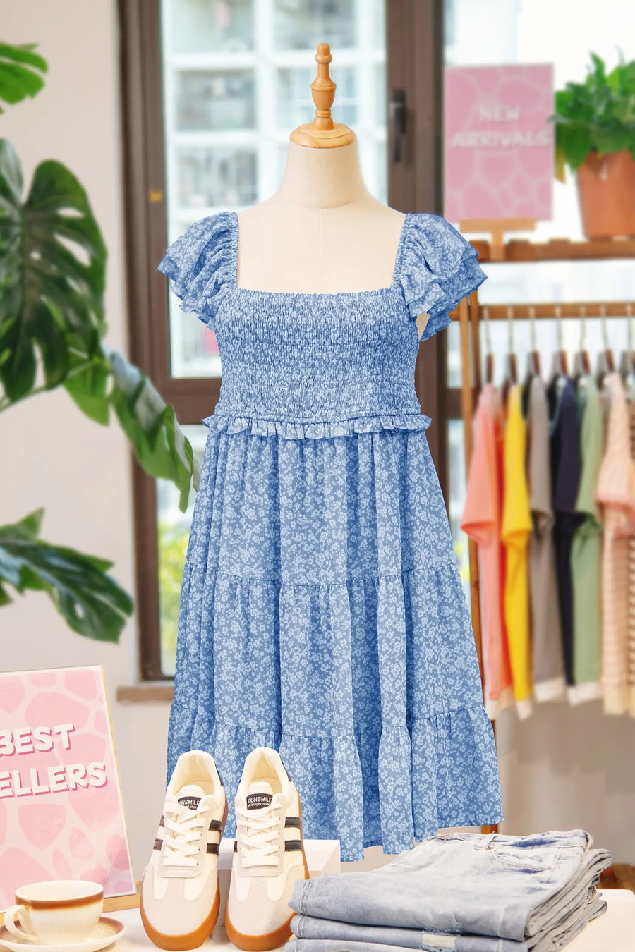 Sky Blue Floral Square Neck Smocked Tiered Mini Dress Women UK — full length
