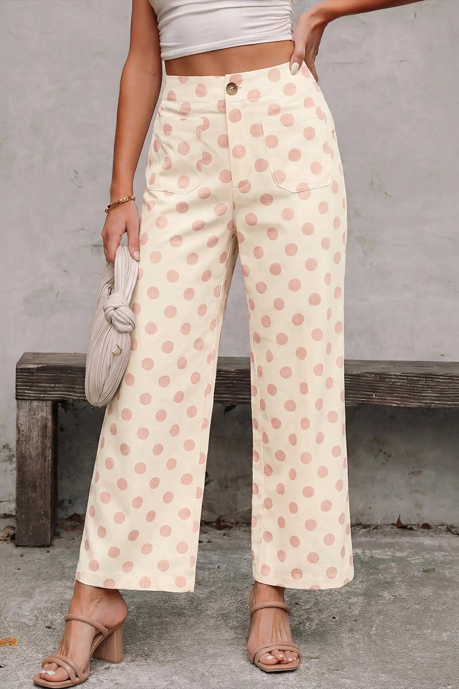 Sky blue polka dot print patched pocket mid-rise straight leg pants
