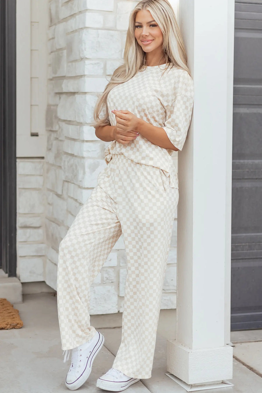 Checkered print half sleeve tee & lounge pants 2-piece loungewear set