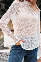 White Sheer Lace Bell Sleeve Blouse