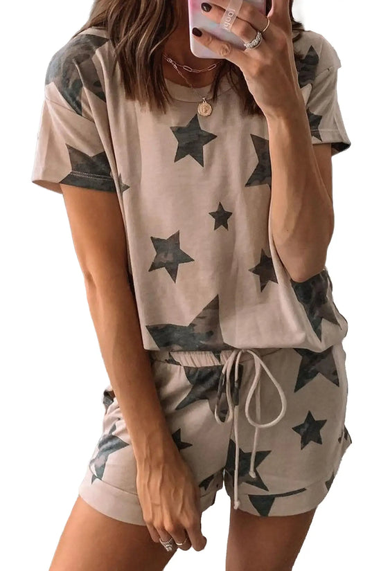 Khaki camo star print short lounge set