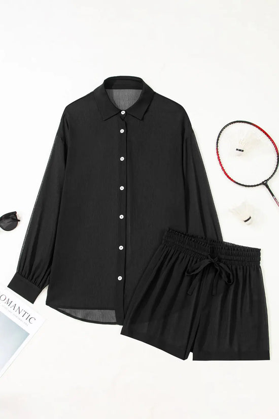 Black sheer tunic shirt drawstring shorts 2pcs swim cover up