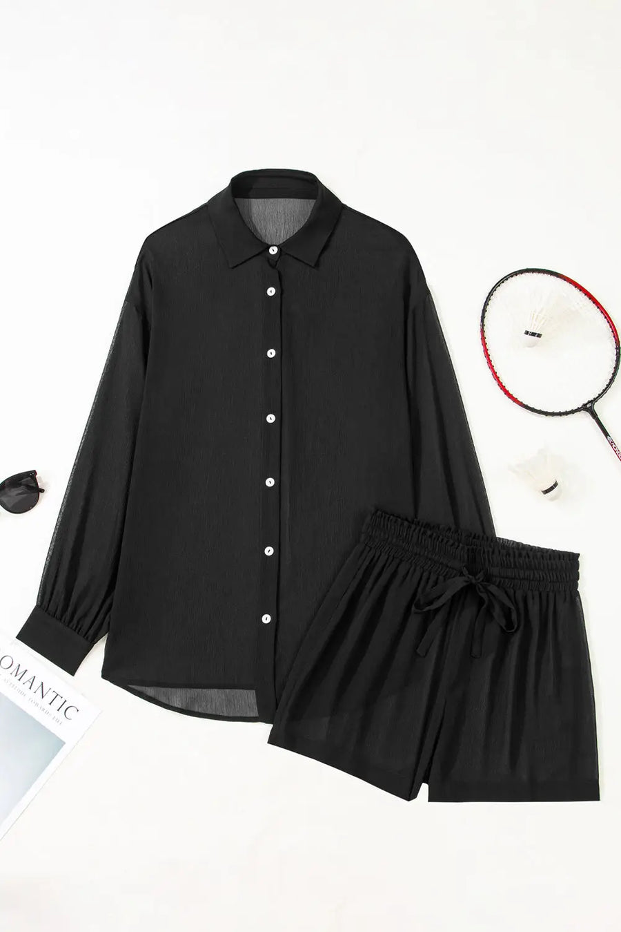 Black sheer tunic shirt drawstring shorts 2pcs swim cover up