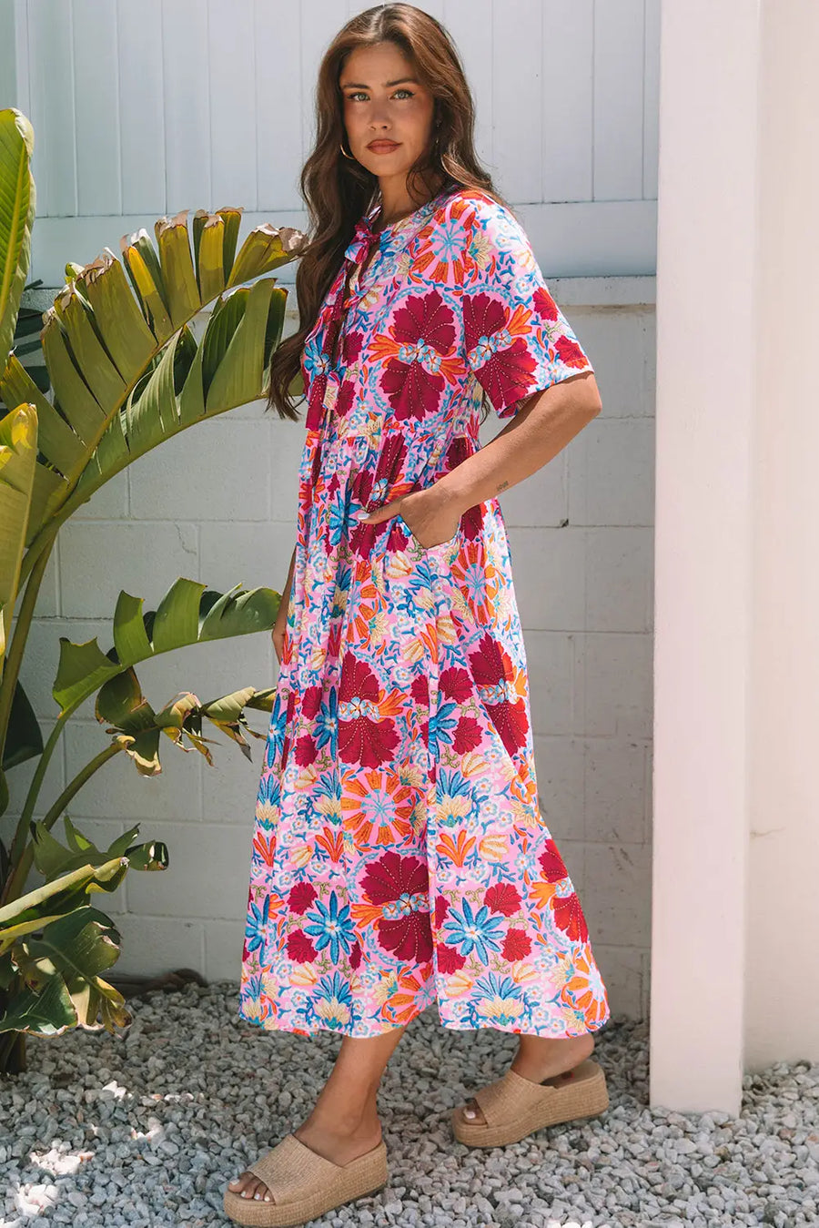 Rose Floral Tied Front High Waist Short Sleeve Maxi Dress Women UK