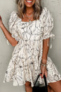 Beige Floral Square Neck Shirred Back Puff Sleeve Mini Dress Women UK
