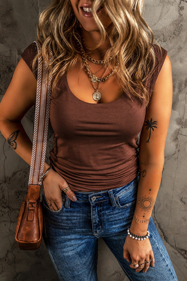 Coffee Solid Color U Neck Slim Fit Tank Top Women UK