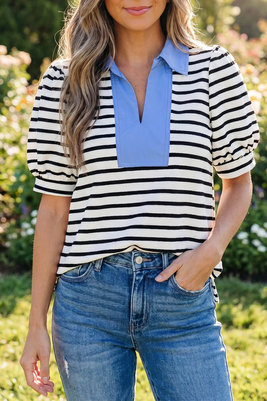 Striped colour block blouse — back view, relaxed puff sleeve silhouette