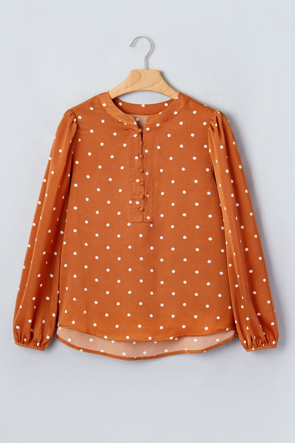 Brown Polka Dot Half Button V-Neck Long Sleeve Blouse Women UK