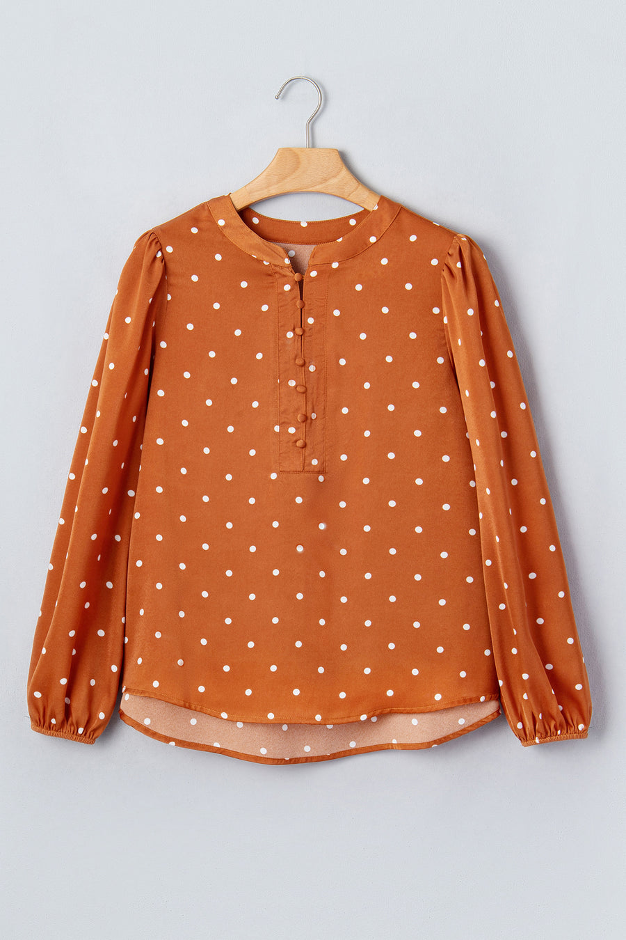 Brown Polka Dot Half Button V-Neck Long Sleeve Blouse Women UK
