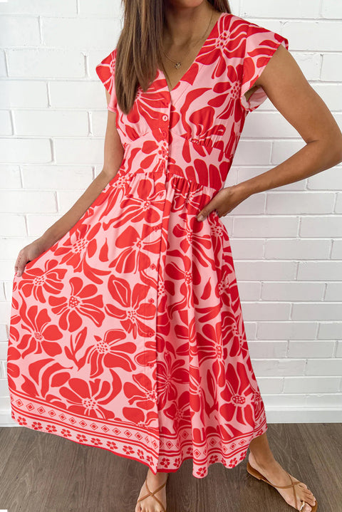 Red boho floral V neck shirred waist long dress women UK front view