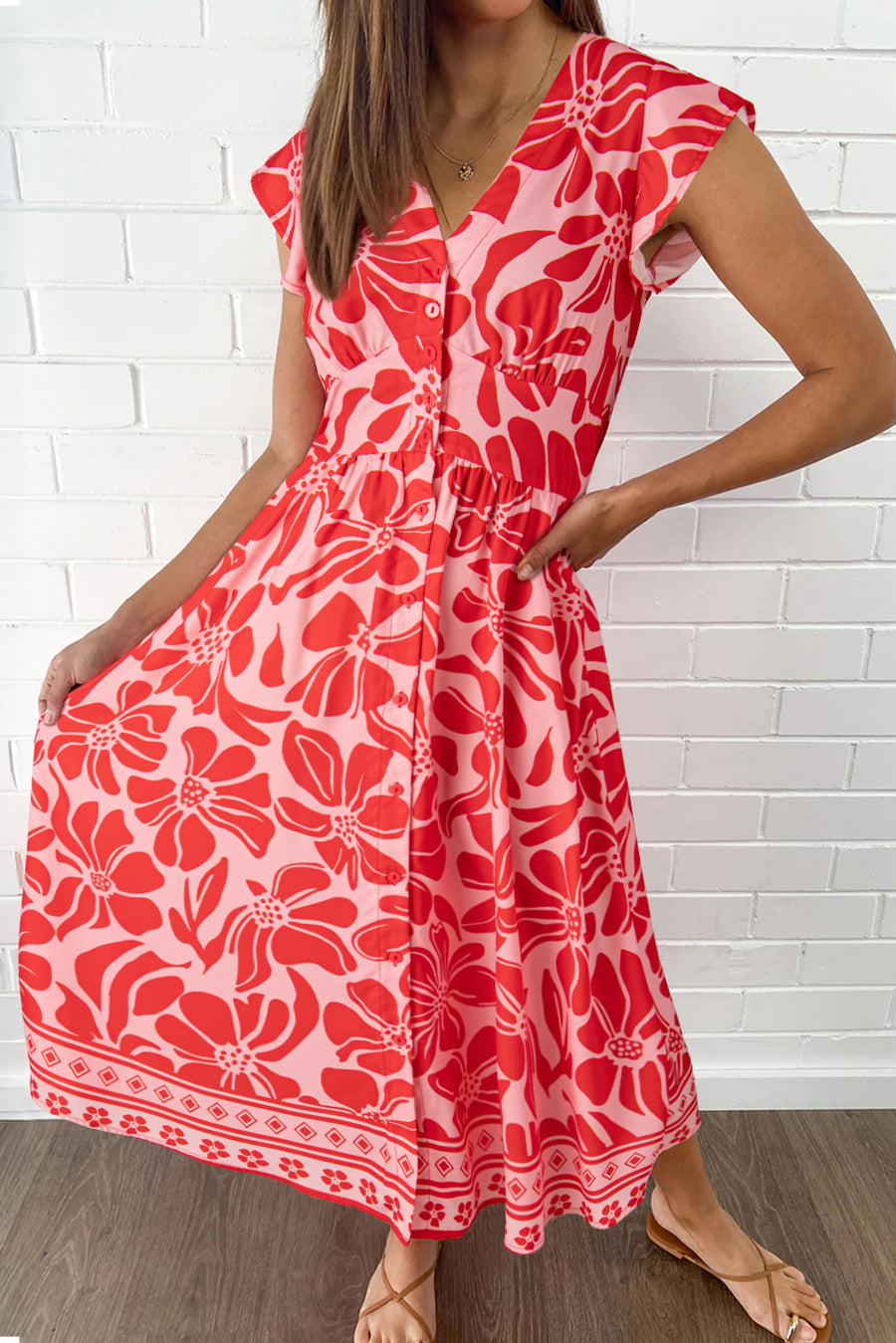 Red Boho Floral V Neck Shirred Waist Long Dress Women UK