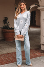 Oversized Grey Floral Knit Jumper – V‑Neck