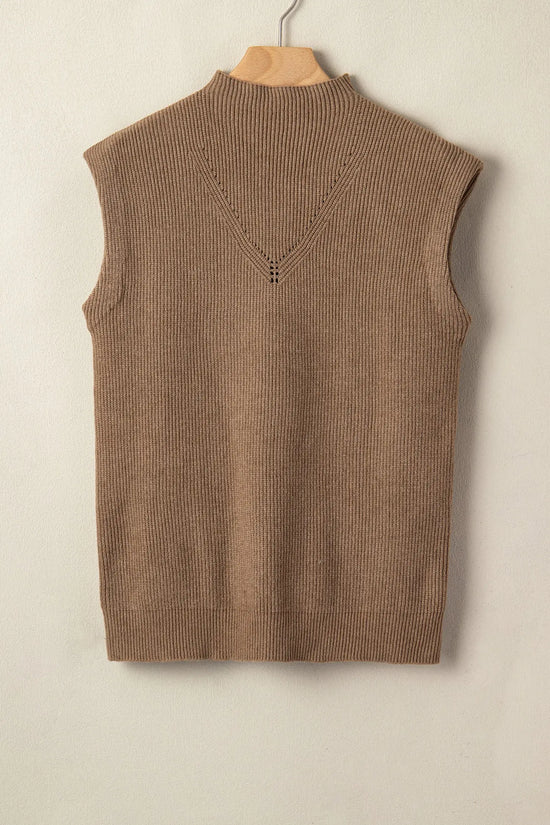 Ribbed knit mock neck sweater vest sleeveless loose fit light french beige sweaters