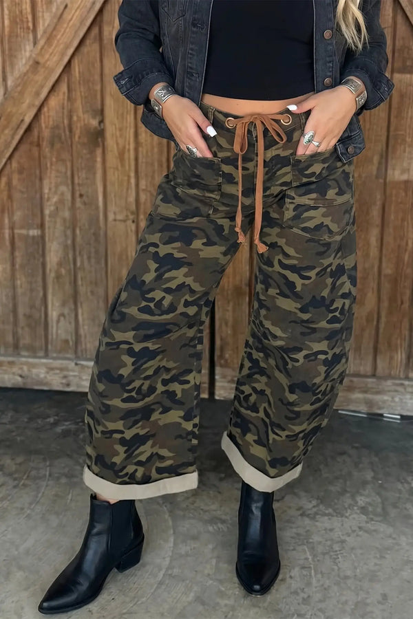 Multicolour camouflage print retro grommet tie waist loose jeans front view — Fashionfitz UK