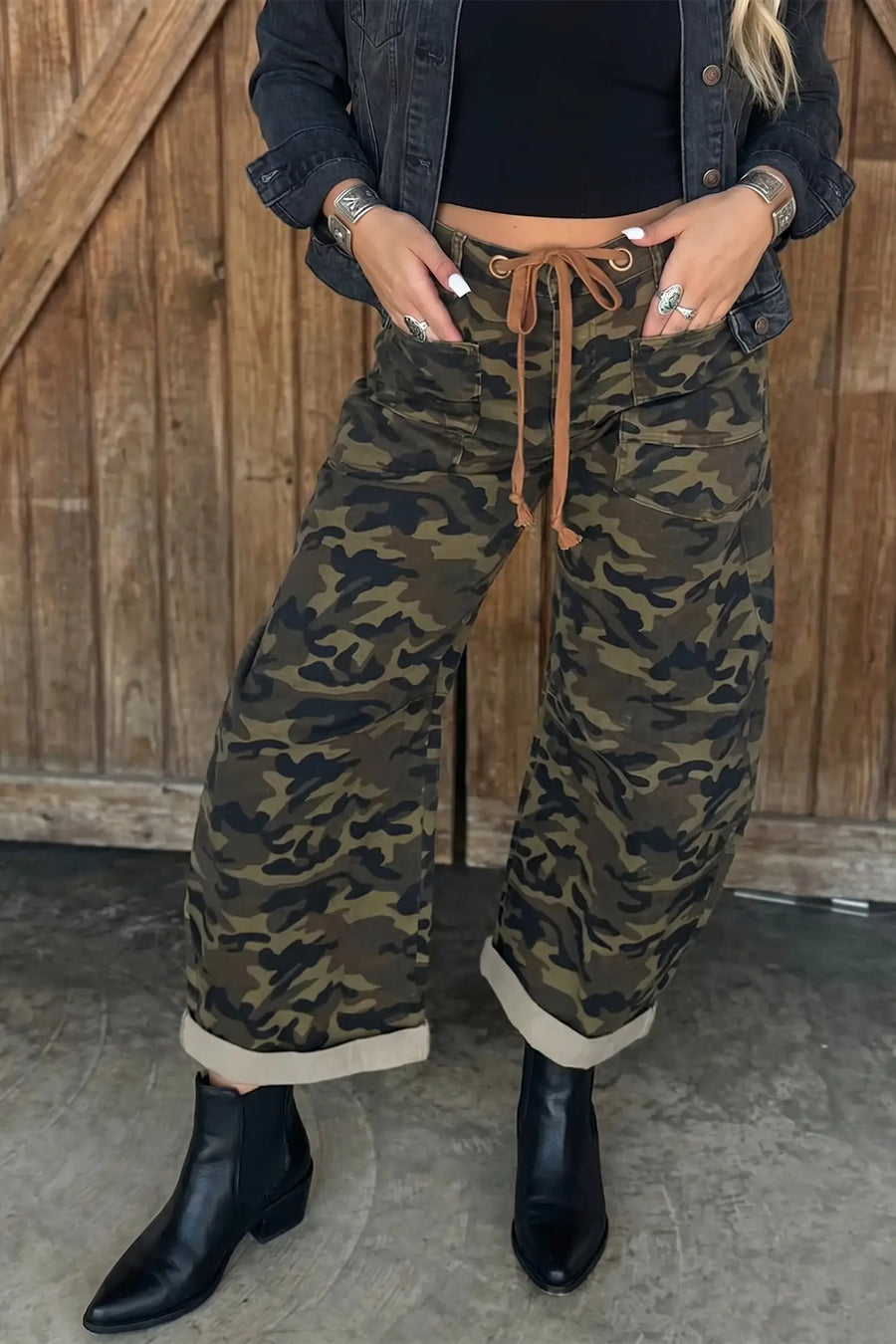 Multicolour camouflage print retro grommet tie waist loose jeans front view — Fashionfitz UK