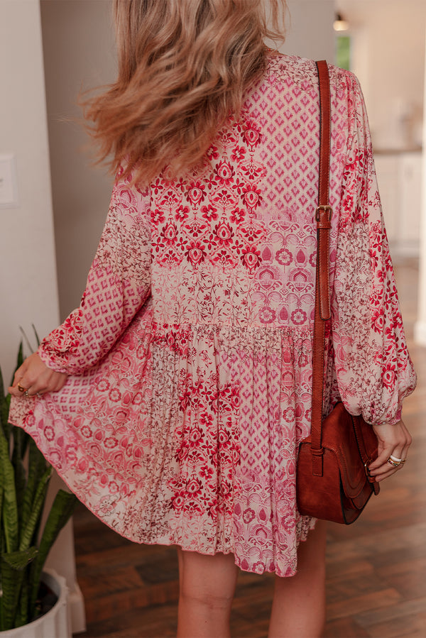Pink Bohemian Tassel Tie Long Sleeve Flowy Mini Dress Women UK