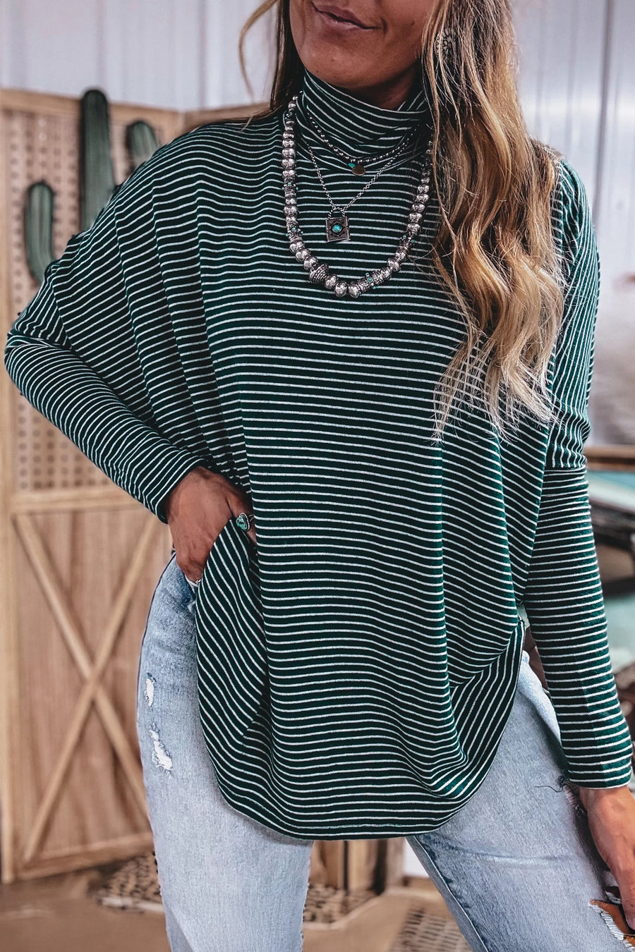 Dropped shoulder construction detail on green stripe long sleeve top — Fashionfitz UK