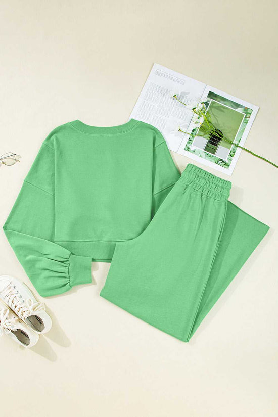 Back flat lay of green Drop Crop Wide-Leg Pants Set, showing full outfit with elastic waistband and relaxed fit.