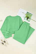 Back flat lay of green Drop Crop Wide-Leg Pants Set, showing full outfit with elastic waistband and relaxed fit.