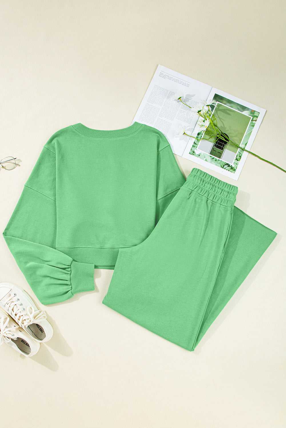 Back flat lay of green Drop Crop Wide-Leg Pants Set, showing full outfit with elastic waistband and relaxed fit.