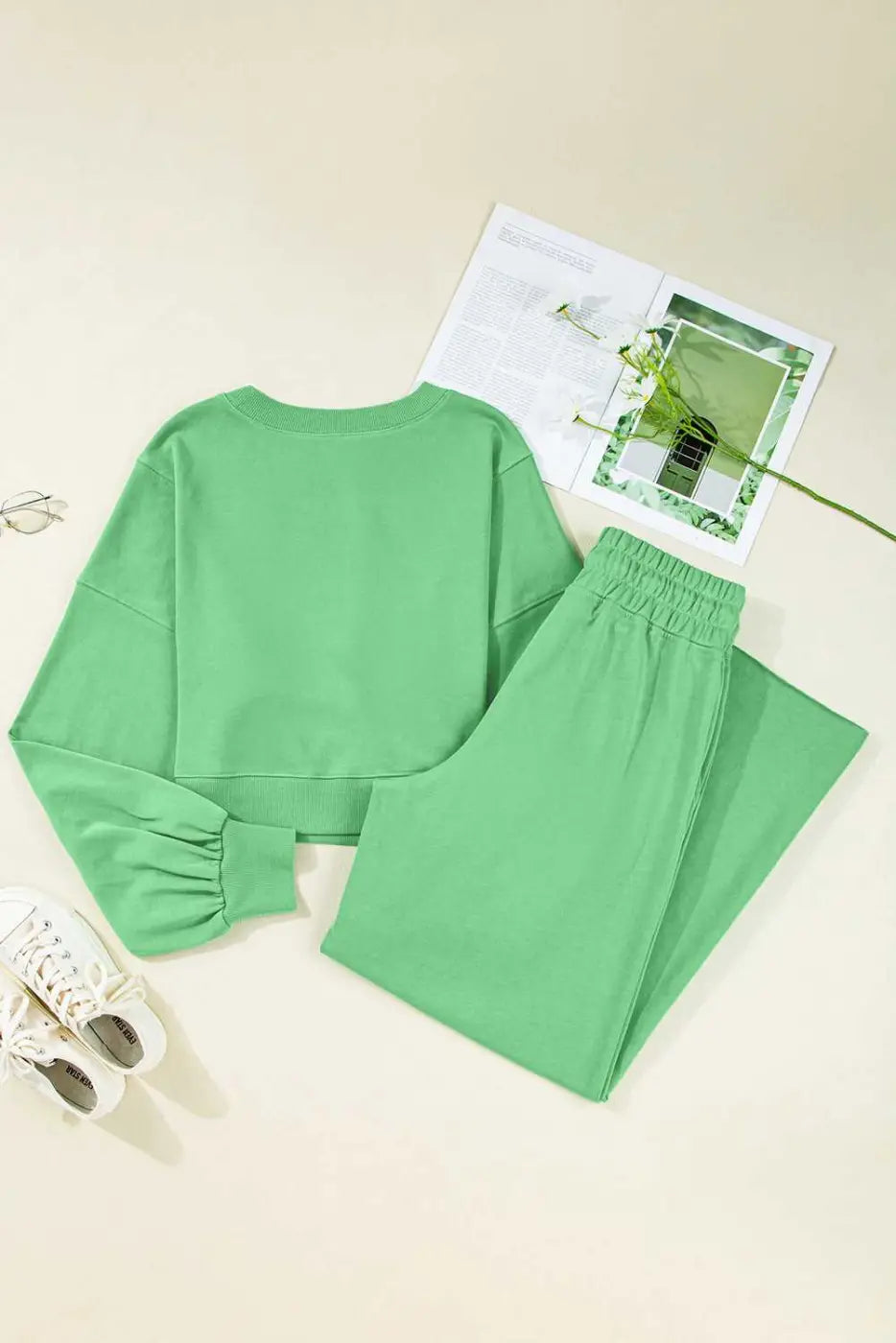 Back flat lay of green Drop Crop Wide-Leg Pants Set, showing full outfit with elastic waistband and relaxed fit.