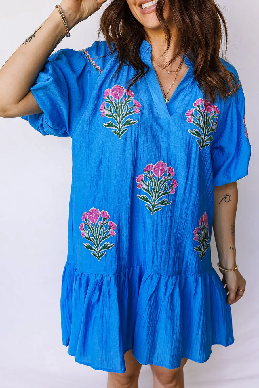 Multicolour Floral Doodle Striped Trim V Neck Midi Dress Women UK